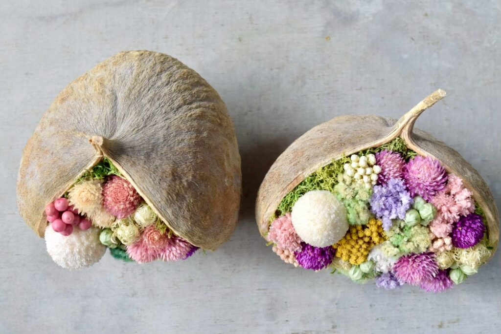 東京の花屋『叢屋kusamuraya』が手がける幸福をもたらすと言われる縁起物のブッダナッツを器にしたドライフラワーアレンジ。誕生日・記念日ギフトや自宅インテリアにおすすめです。