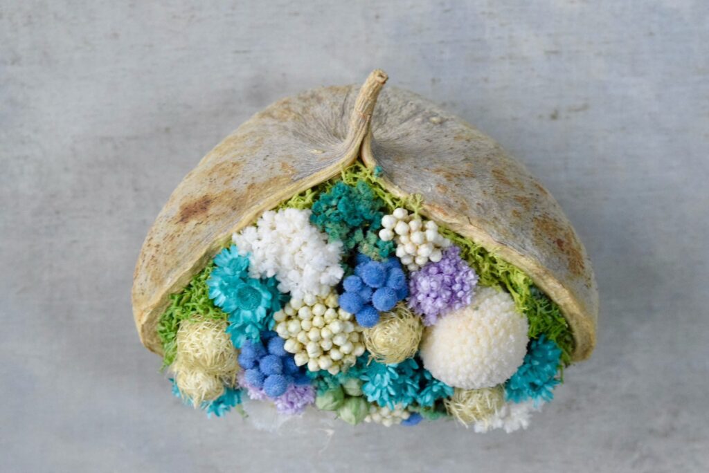 東京の花屋。幸福をもたらすと言われる縁起物のブッダナッツを器にした叢屋Kusamurayaドライフラワーアレンジ 誕生日・記念日ギフトや自宅インテリアにおすすめ。