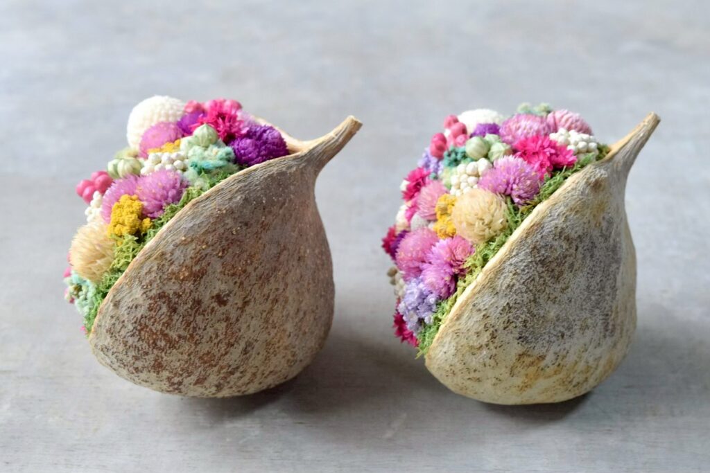 東京の花屋『叢屋kusamuraya』が手がける幸福をもたらすと言われる縁起物のブッダナッツを器にしたドライフラワーアレンジ