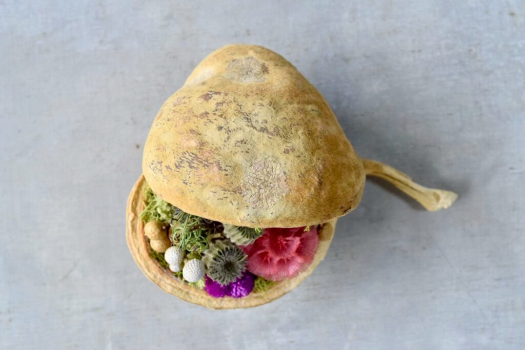 東京の花屋『叢屋kusamuraya』が手がける幸福をもたらすと言われる縁起物のブッダナッツを器にしたドライフラワーアレンジ