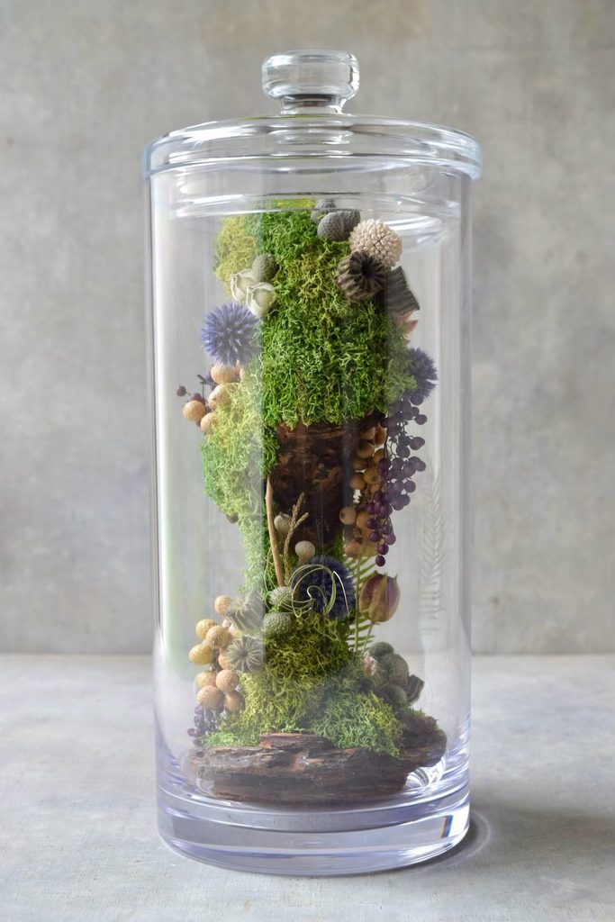 叢屋のドライフラワーを用いて、鬱蒼とした植物群が広がる深い森の一角を切り取ったようなボタニカルオブジェ。苔や木皮を組み合わせ、植物が群生する森の景色をジオラマのように立体的に表現しました。