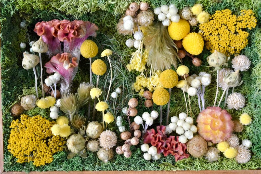 東京の花屋 叢屋Kusamurayaのドライフラワーインテリア雑貨。アンティーク調の木製フレーム(ウッドボックス)を使った、自宅用やギフト用に人気のアレンジメント。